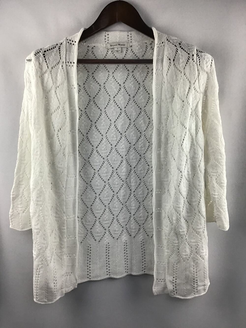Women’s Studio Works White 3/4 Sleeve Knit Open-Front Cardigan Size S
